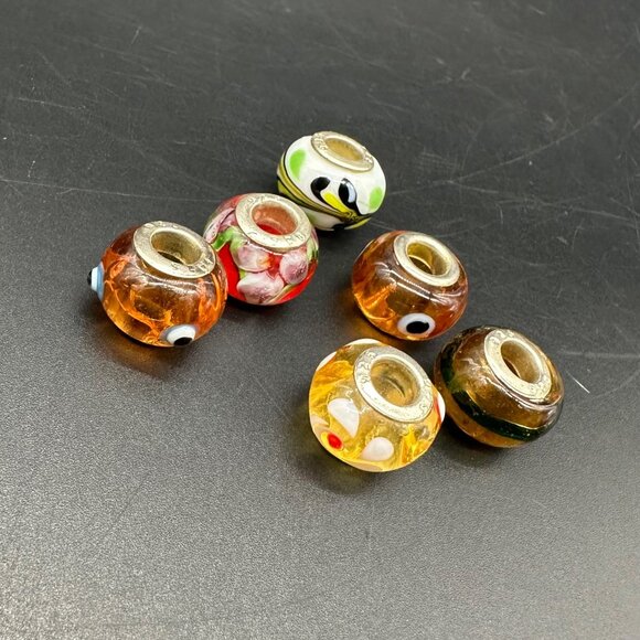 Glass Beads Sterling Silver 925 Colorful Charms For Bracelet Necklace Lot Of 6 - Picture 1 of 7